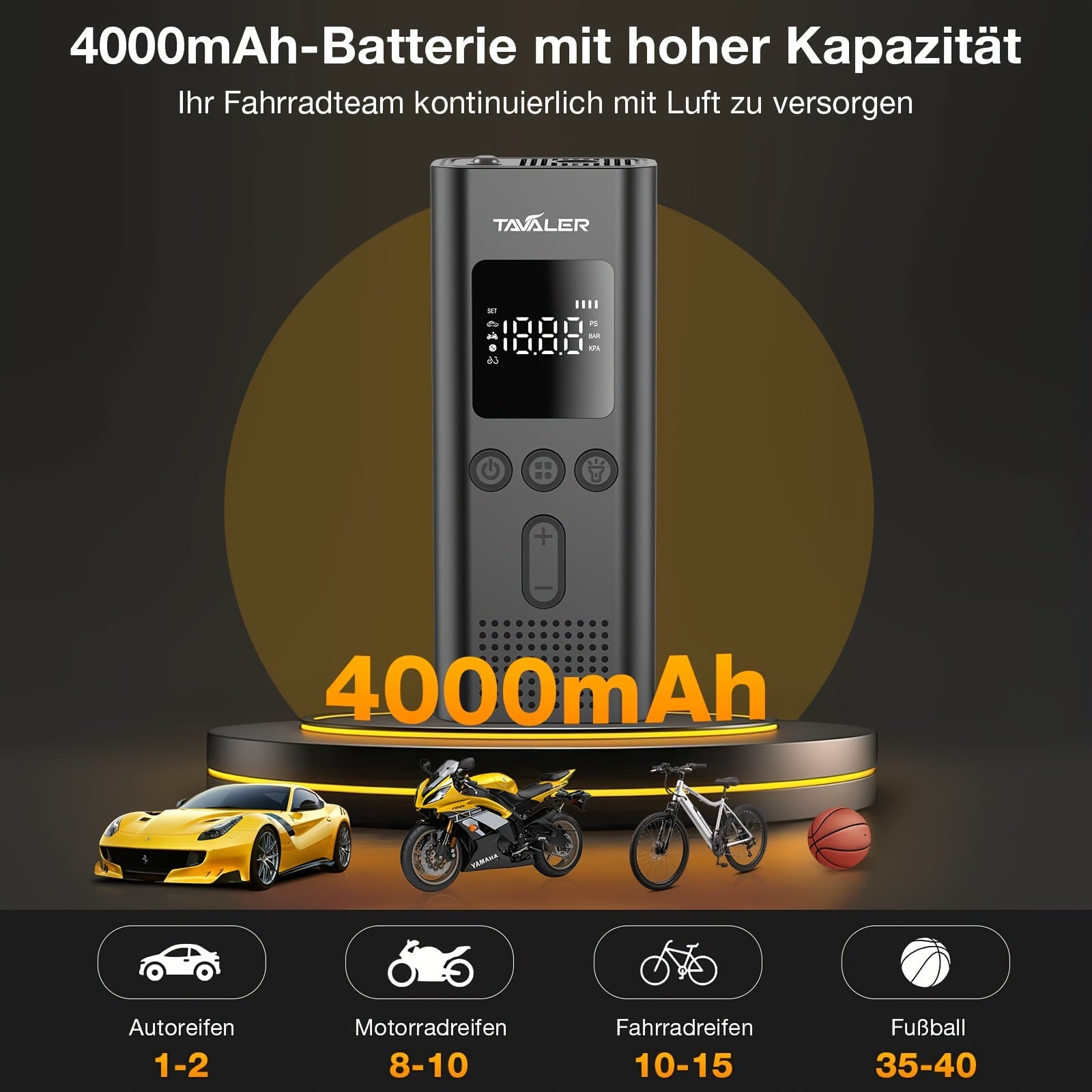 Tavaler Luftpumpe I50PSI Elektrischer Kompressor, LED-Beleuchtung für Fahrzeug und unterwegs – Detailansicht 2