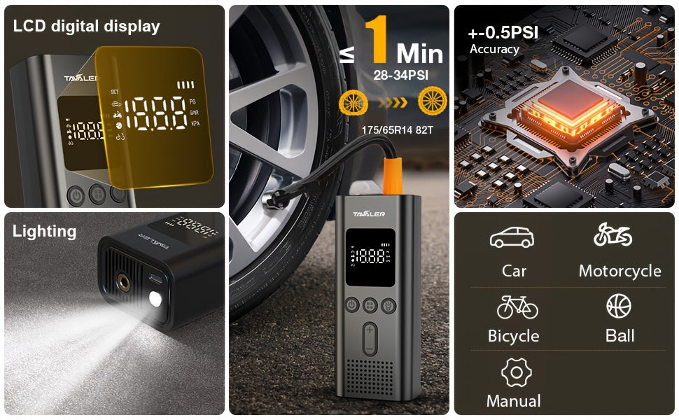 Tavaler Luftpumpe I50PSI Elektrischer Kompressor, LED-Beleuchtung für Fahrzeug und unterwegs – Detailansicht 4