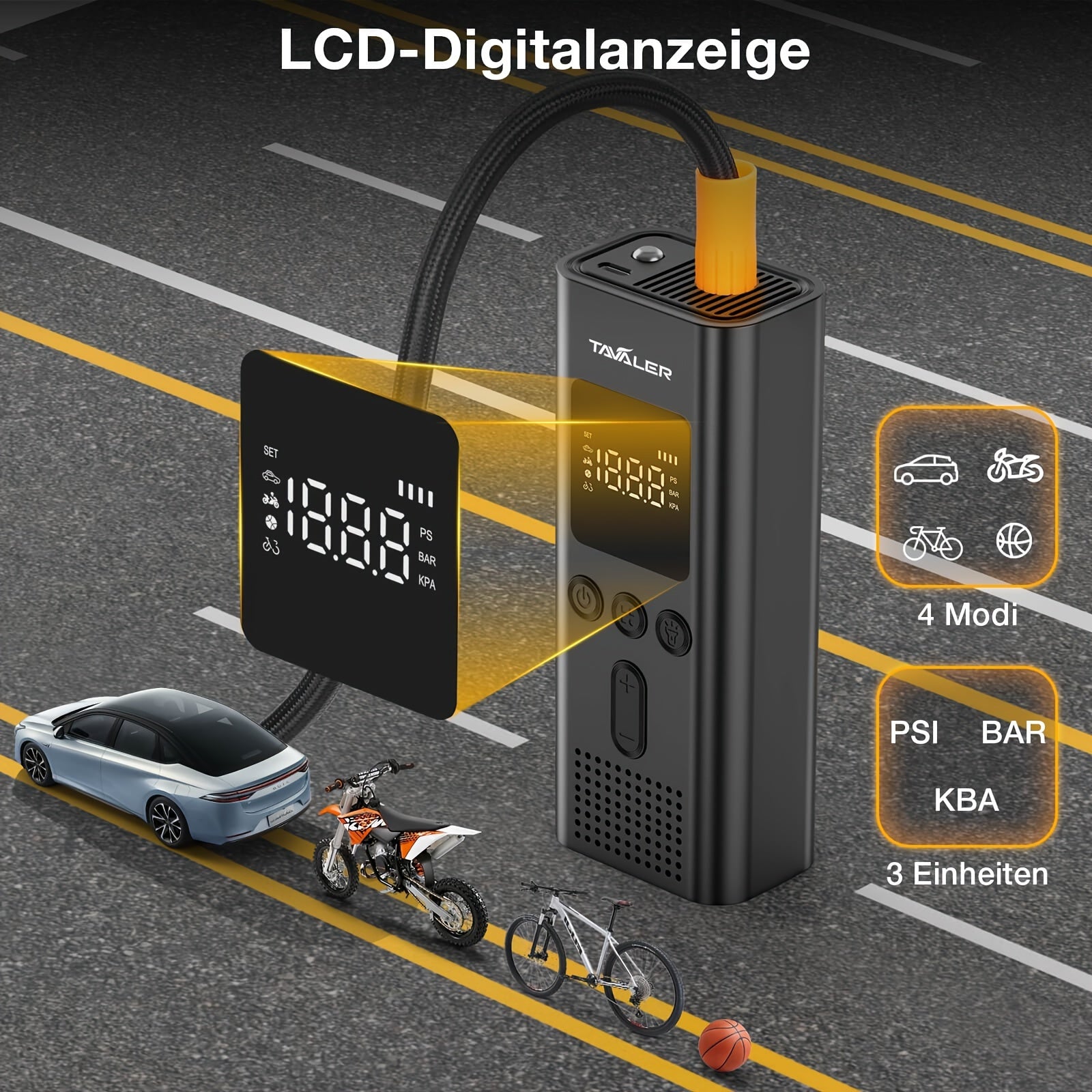 Tavaler Luftpumpe I50PSI Elektrischer Kompressor, LED-Beleuchtung für Fahrzeug und unterwegs – Detailansicht 7