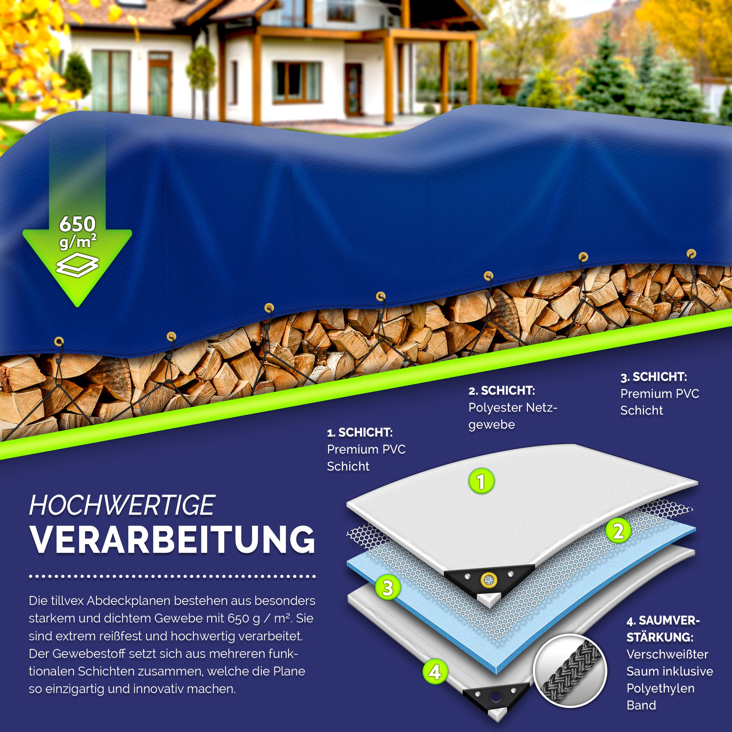 tillvex® Premium Abdeckplane, Holz für Garten und Terrasse – Detailansicht 3