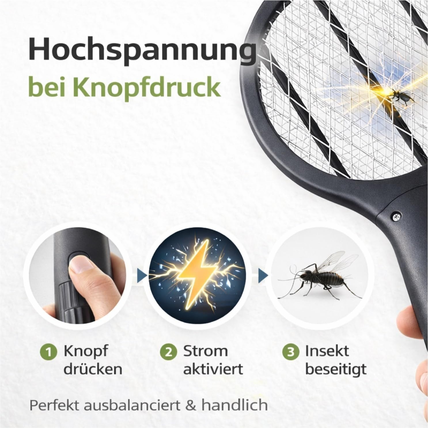 TK Elektrische Fliegenklatsche, Schwarz 33,5 cm für Fliegen und Alltag – Detailansicht 5