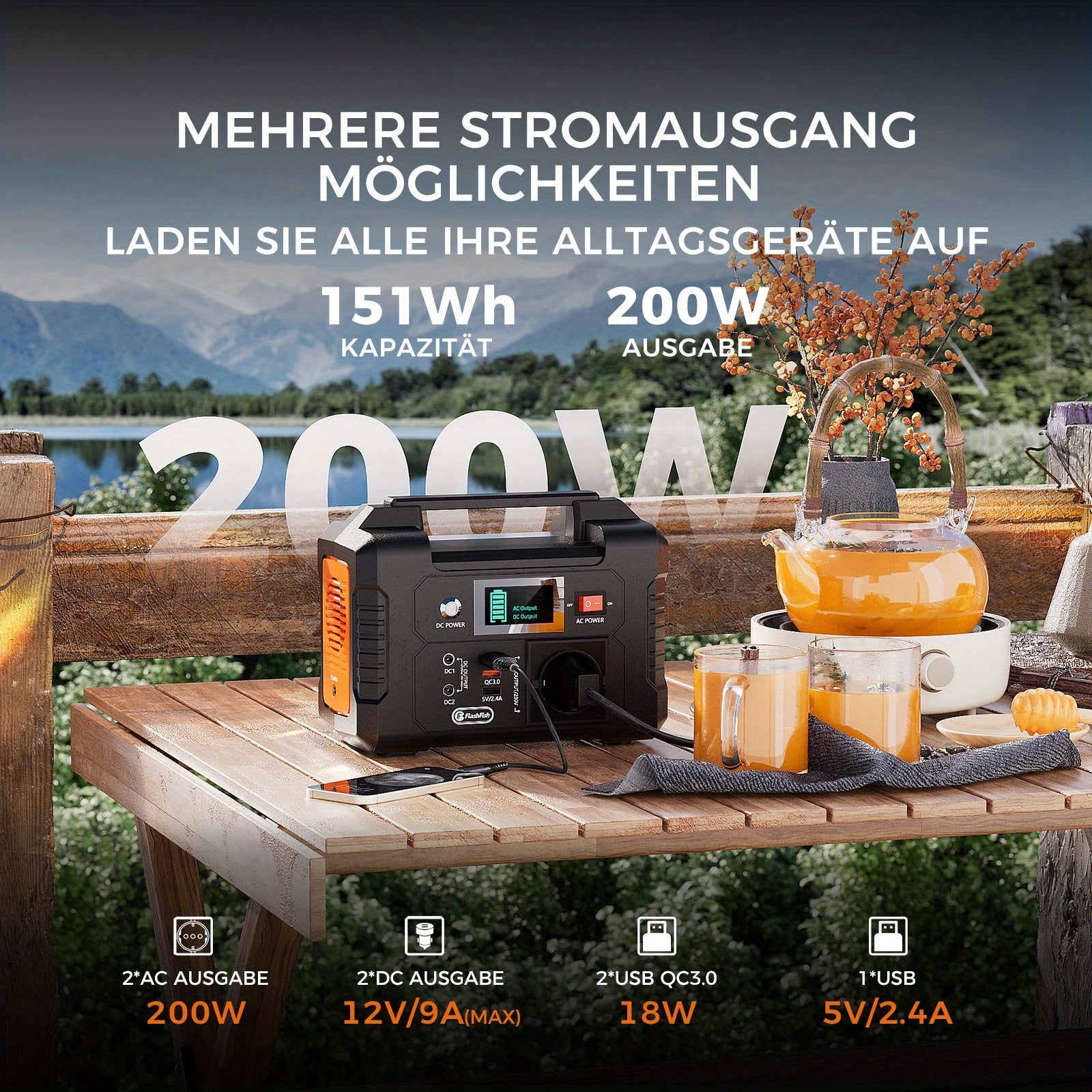 Tragbare Powerstation, 200W für Camping und Reisen – Detailansicht 2