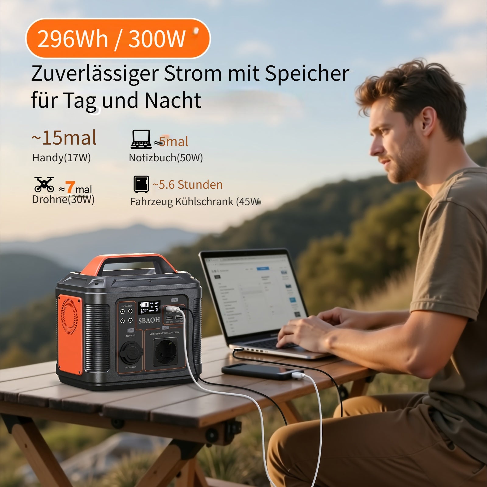 Tragbare Powerstation, 300W für Camping und Reisen – Detailansicht 2