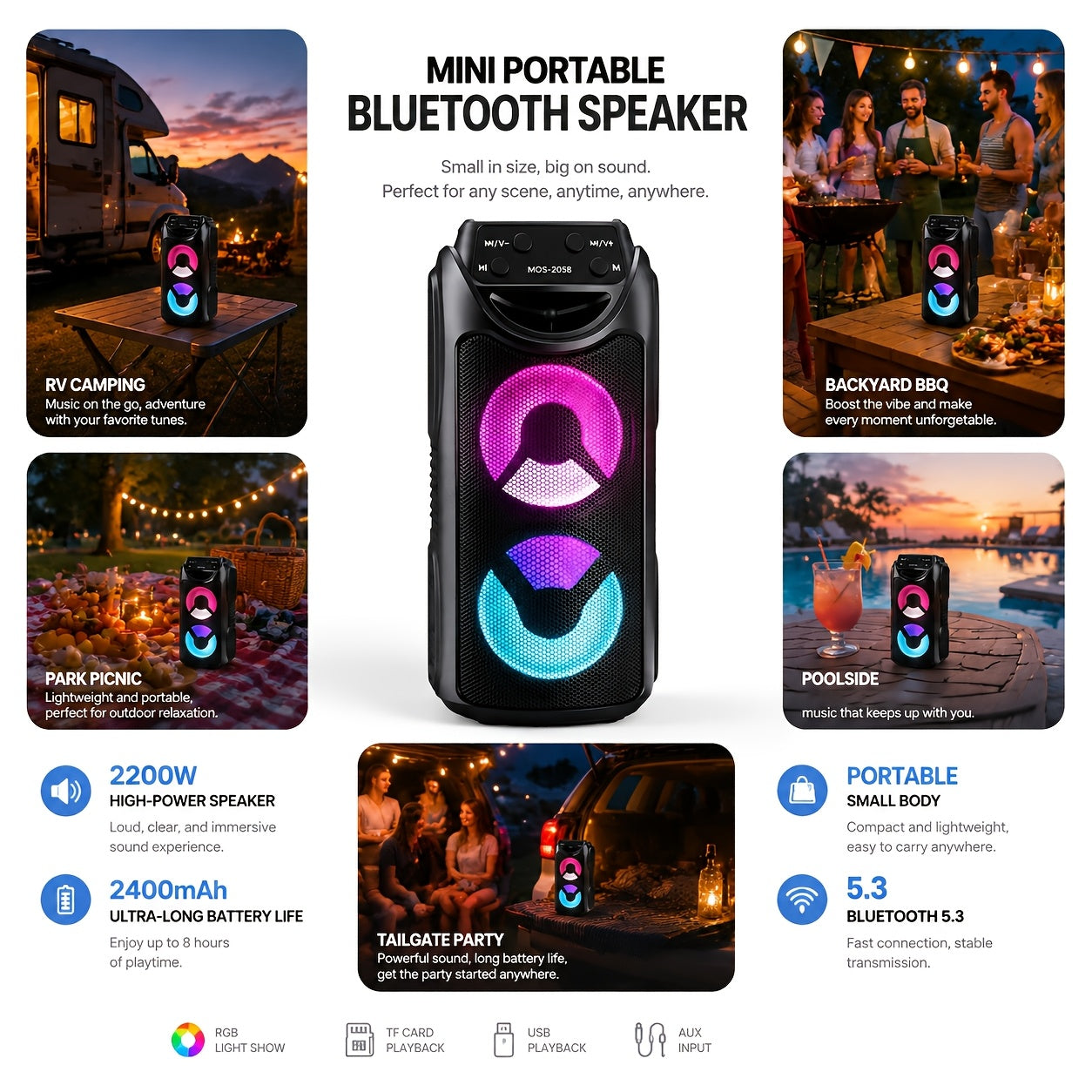 Tragbare RGB-Bluetooth-Party-Box, LED-Beleuchtung für Camping und Reisen – Detailansicht 2