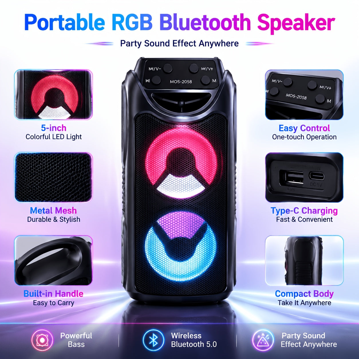 Tragbare RGB-Bluetooth-Party-Box, LED-Beleuchtung für Camping und Reisen – Detailansicht 3