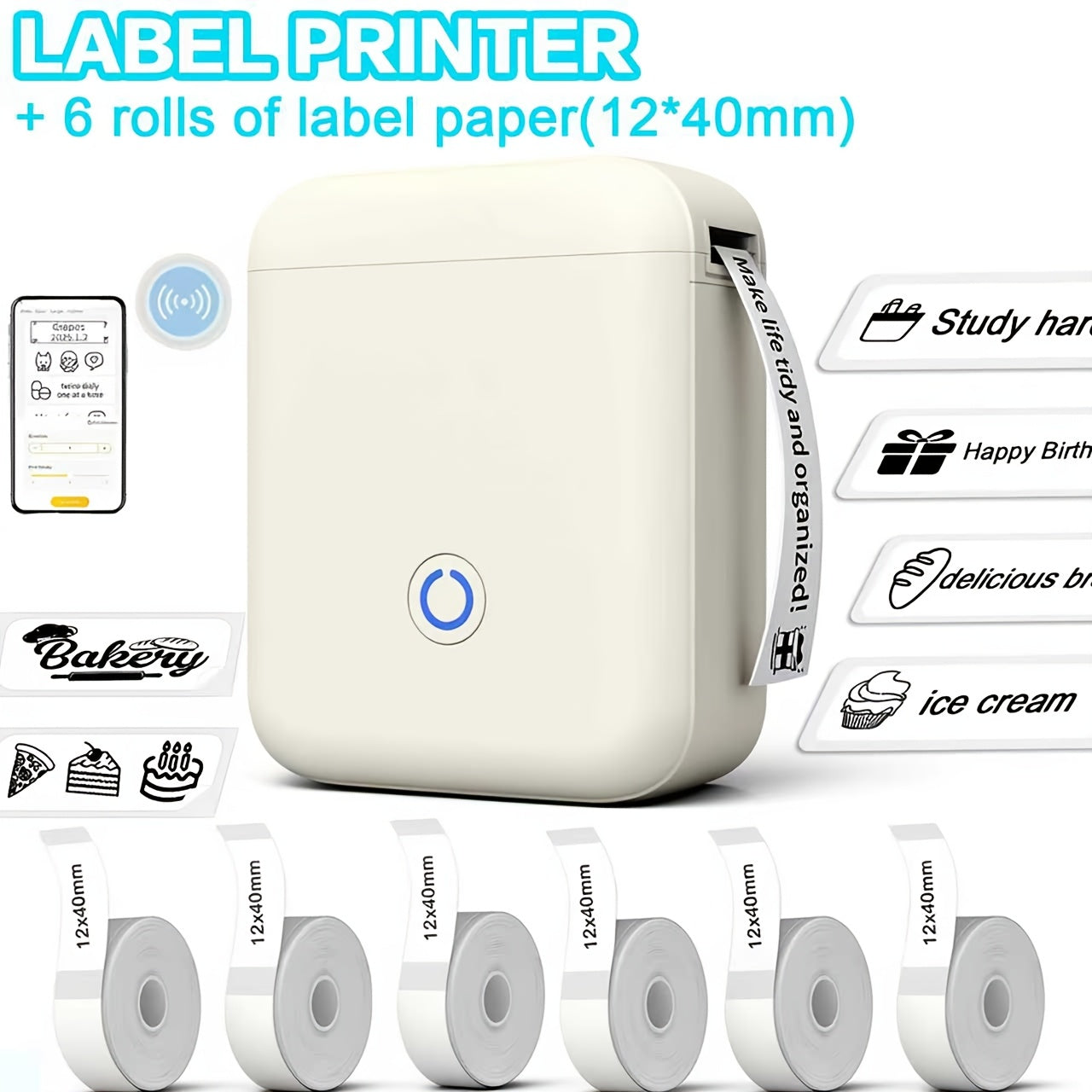 Tragbarer Thermodrucker, Schwarzer Etikettendrucker + 6 Rollen Etikettenpapier für Reisen und Homeoffice – Hauptansicht
