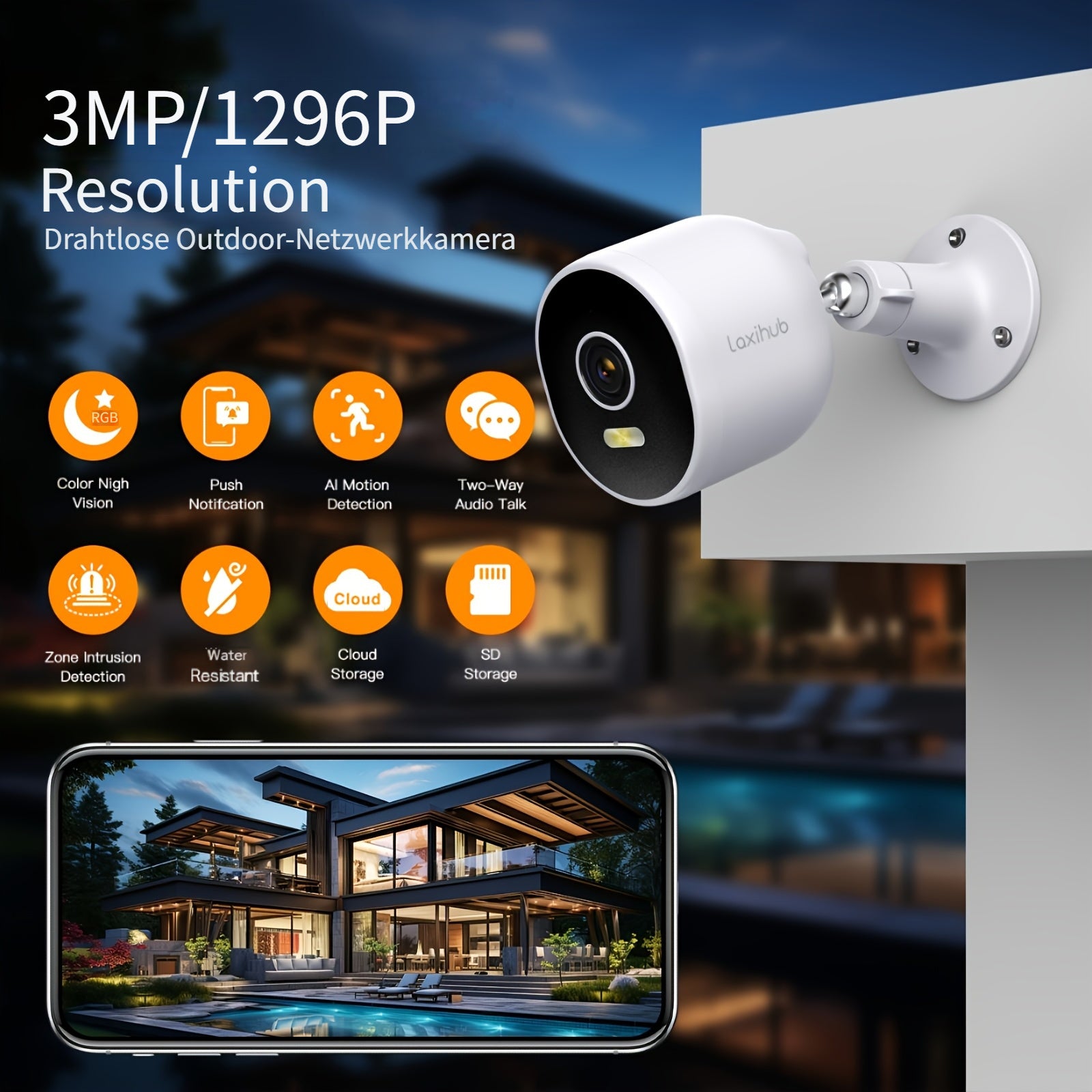 Überwachungskamera, 1/2/4 Stück Laxihub 3MP 1296P WLAN Outdoor für unterwegs und Haussicherheit – Hauptansicht