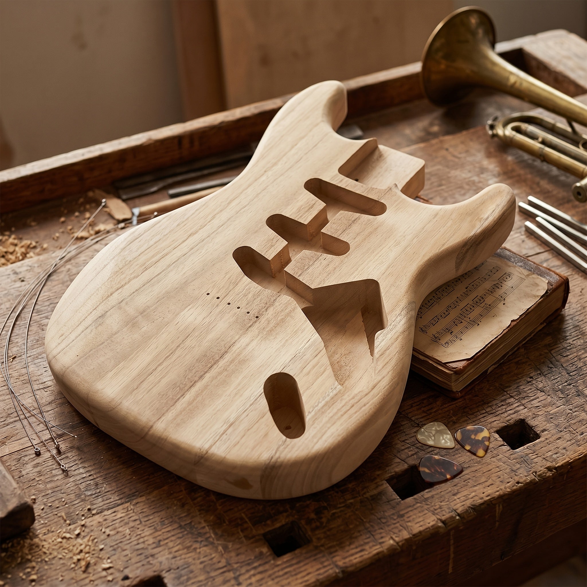 Unfertiger DIY-Gitarrenkorpus, Holz für eine Hardtail-Brücke und Alltag – Hauptansicht