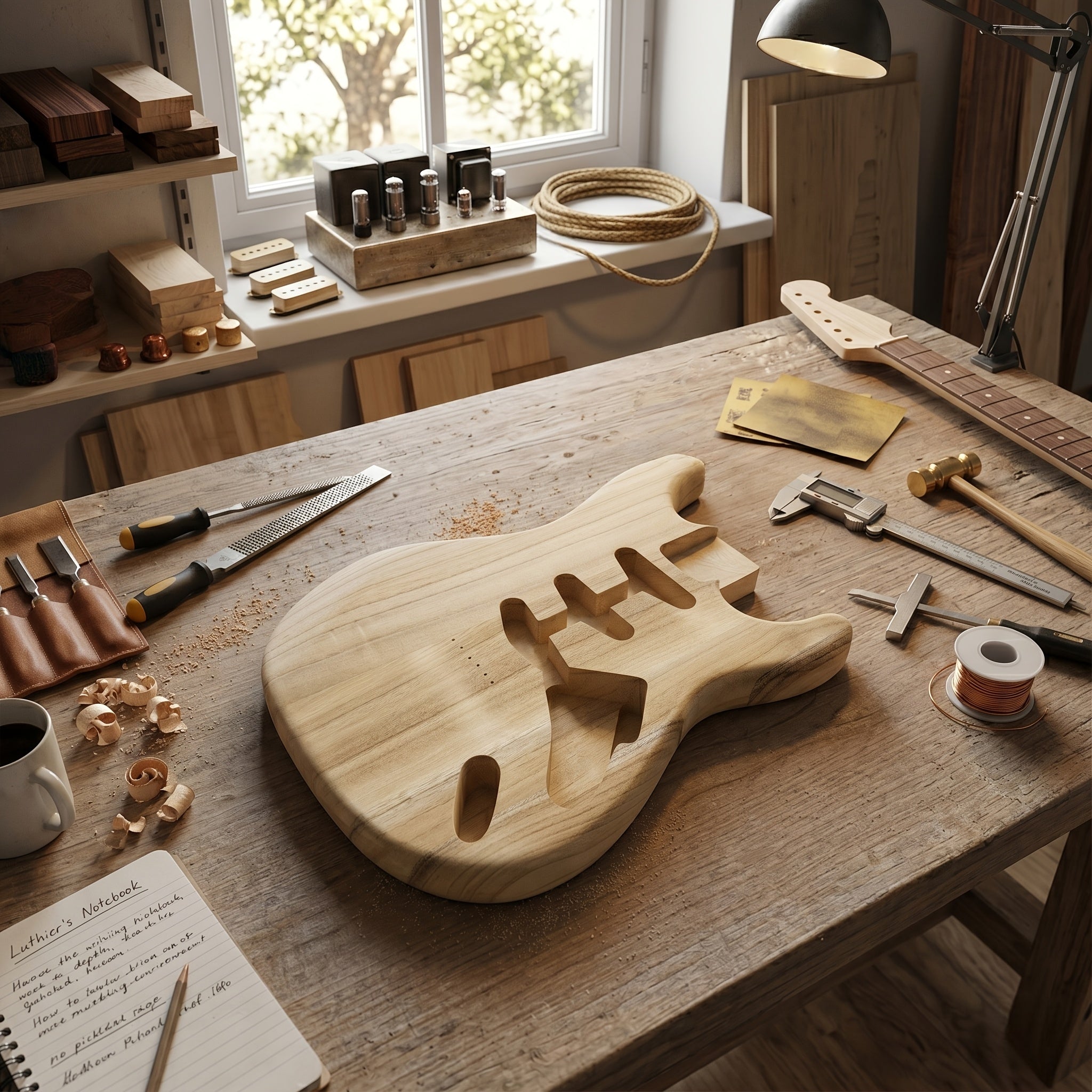 Unfertiger DIY-Gitarrenkorpus, Holz für eine Hardtail-Brücke und Alltag – Detailansicht 2