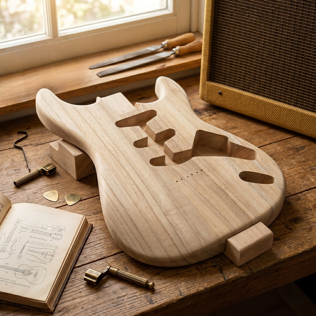 Unfertiger DIY-Gitarrenkorpus, Holz für eine Hardtail-Brücke und Alltag – Detailansicht 4