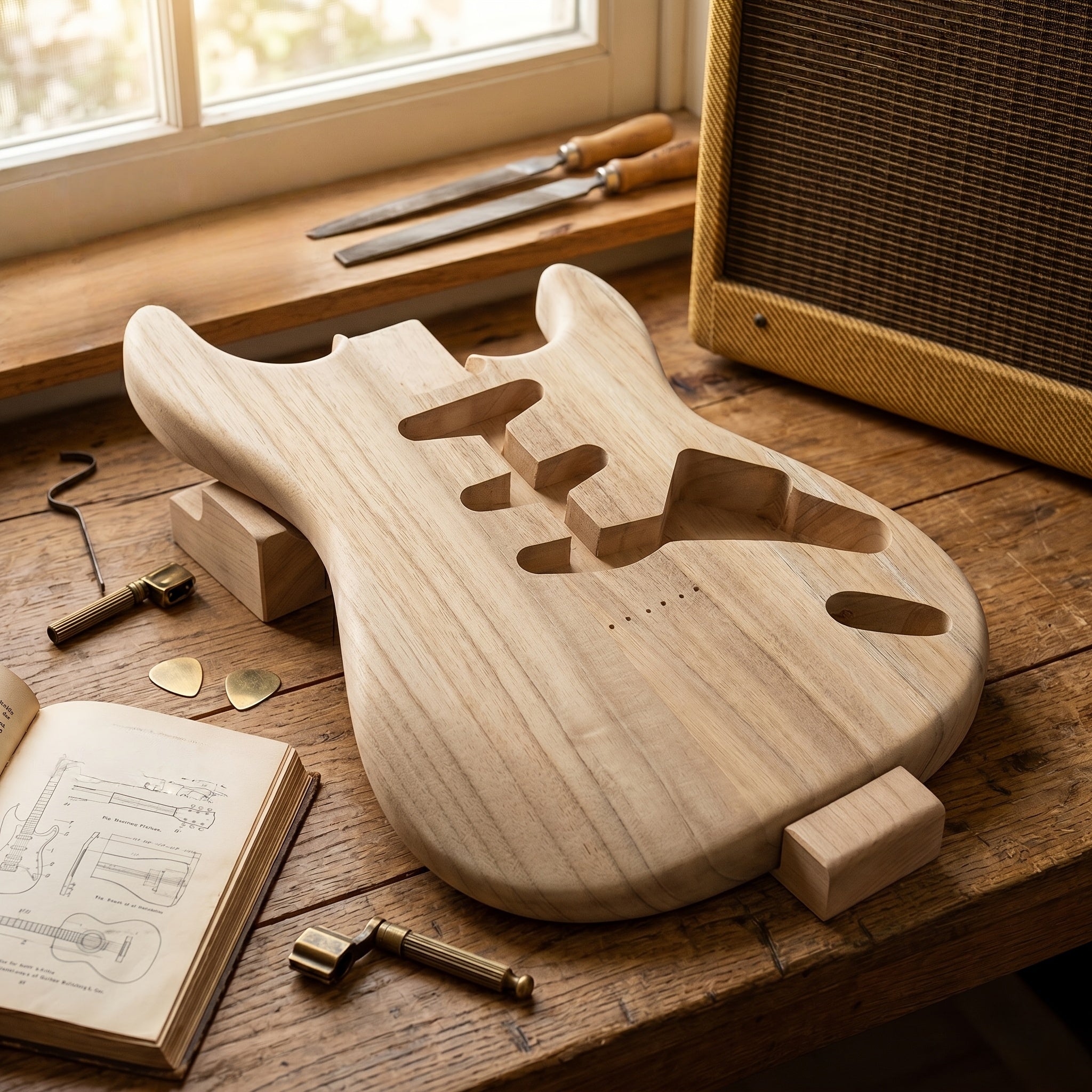 Unfertiger DIY-Gitarrenkorpus, Holz für eine Hardtail-Brücke und Alltag – Detailansicht 4