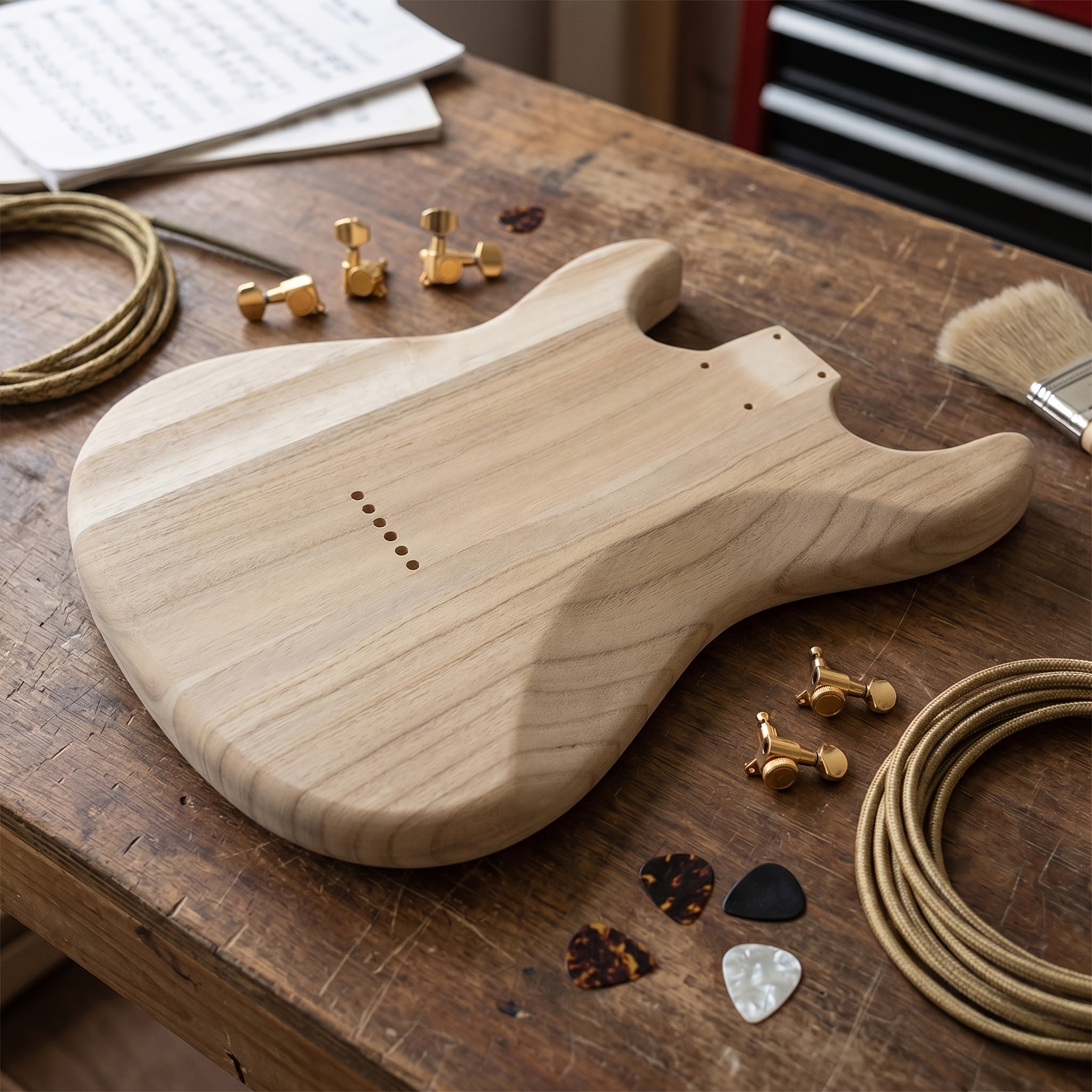 Unfertiger DIY-Gitarrenkorpus, Holz für eine Hardtail-Brücke und Alltag – Detailansicht 5