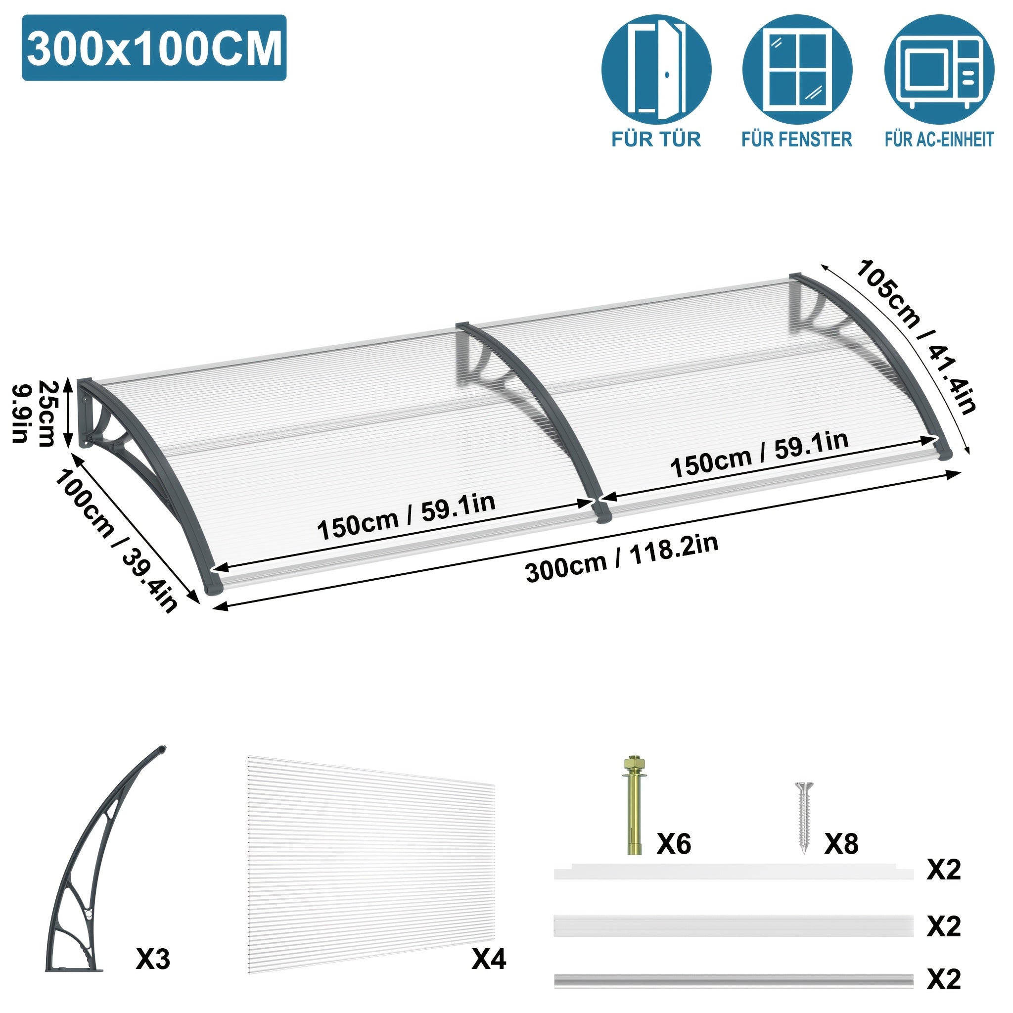Vordach für Haustür, 300×100cm für Fahrzeug und unterwegs – Detailansicht 5
