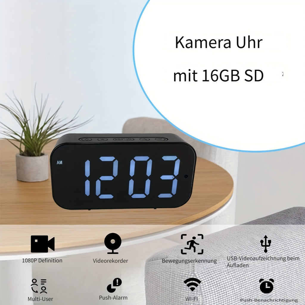WLAN-Uhrenkamera, Schwarz für Zuhause und unterwegs – Hauptansicht