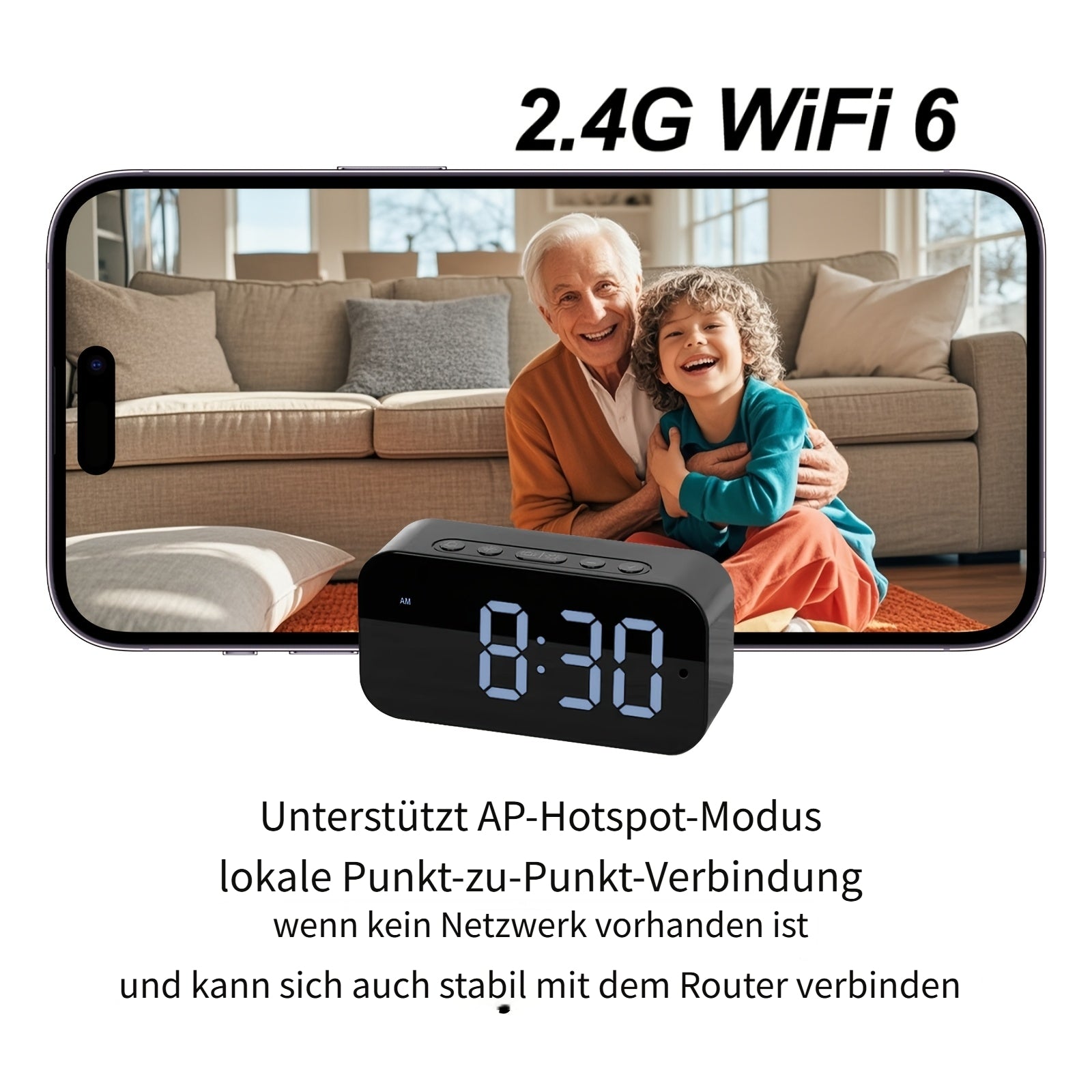 WLAN-Uhrenkamera, Schwarz für Zuhause und unterwegs – Detailansicht 4