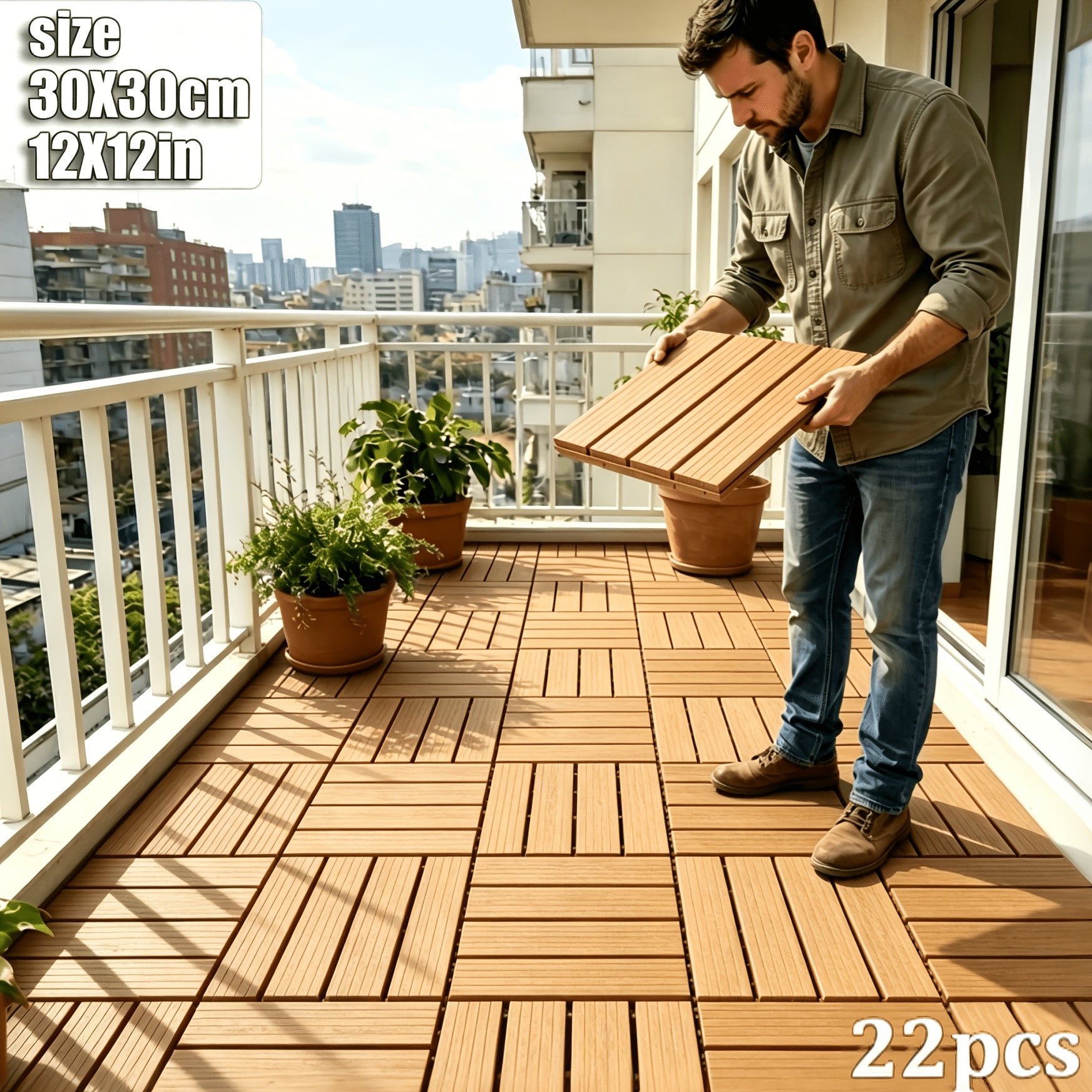 Zusammensteckbare Holzfußbodenfliesen, 44 Stück für Garten und Terrasse – Detailansicht 5